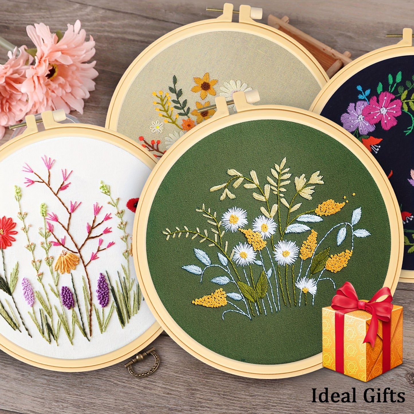 Embroidery Starter Kit with Hoop, Floral Pattern, Threads, Needles and Instructions