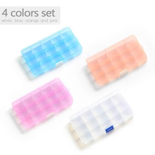15 Girds Bead Organizer(4 Pack), Earring Organizer Box, SMALL Plastic Containers with Adjustable Dividers for Crafts Jewelry Screws Fishing Tackles Small Items, Size 6.9×3.9×0.9in