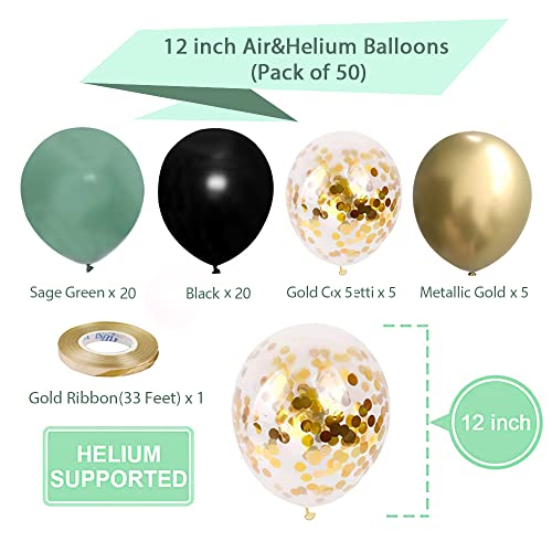Sage Green Black Gold party Balloons, 50pcs 12 Inch Retro Sage Green Black Metallic Gold Confetti Balloons with Ribbon for Birthday Baby Shower Decorations (GreenBlack50pcs)