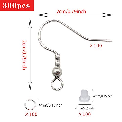 100PCS/50Pairs 925 Sterling Silver Earring Hooks, Fish Ear Wires, 300pcs Hypoallergenic Making Kit With Jump Rings and Clear Rubber Safety Backs
