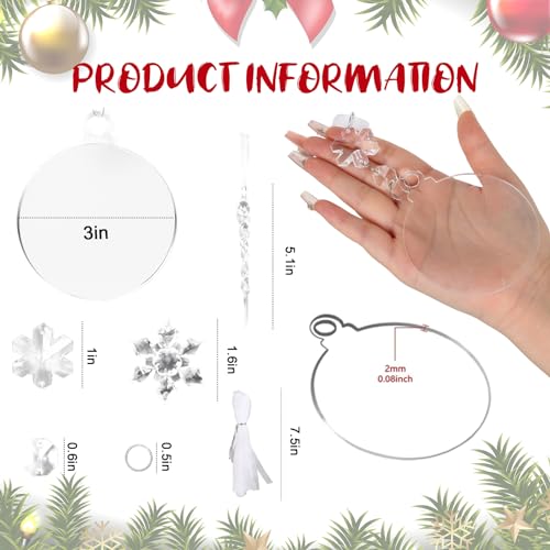 96 pcs Christmas Acrylic Hanging Ornament Set 3 Inch Clear Acrylic Flat Disc Ornaments DIY Christmas Crafts with Transparent Crystal Snowflakes for Xmas Winter New Year Party Hanging Decor