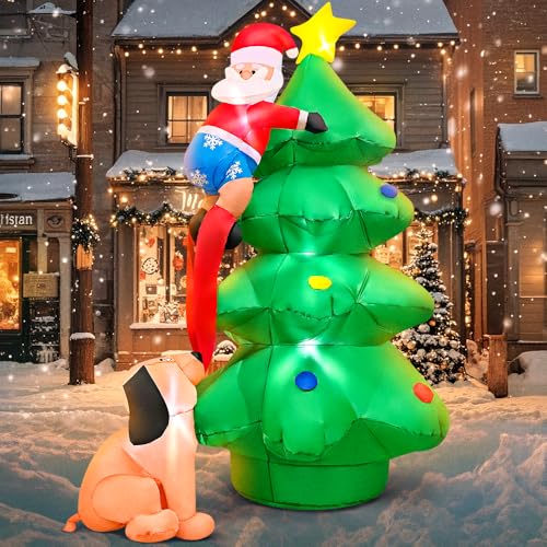6 FT Christmas Inflatable Santa Claus with Tree Outdoor, Inflatable Christmas Tree Outdoor Decoration, Blow Up Santa Built-in LED Lights for Holiday Xmas Party Indoor Garden Lawn Yard Decorations