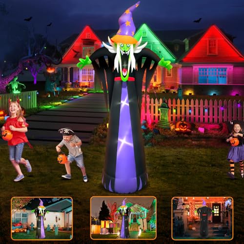 10 FT Halloween Inflatables Scary Witch Hat with Hat Decoration with Led Light Halloween Inflatables Light up Outdoor Decorations Blow up Inflatables for Halloween Holiday Party Lawn Yard Garden Décor