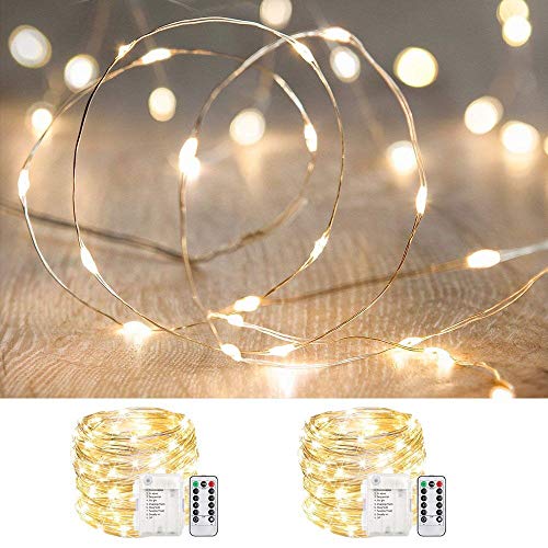 2 Pack 33 ft 100 LED Fairy Lights Battery Operated, Waterproof Twinkle String Lights, Copper Wire Dimmable Firefly Lights with Remote Control Timer, Warm White