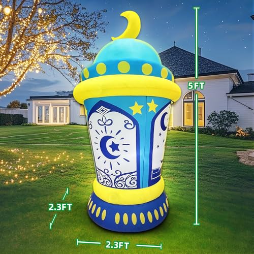 Organizer bag and 5 FT Inflatable Ramadan Crescent Moon Decorations Blow Up Islamic Eid Decor Muslim Holiday Outdoor Decorations with Organizer Bag, LED Lighted Outdoor Ramadan Decor Yard Lawn Garden Home Party