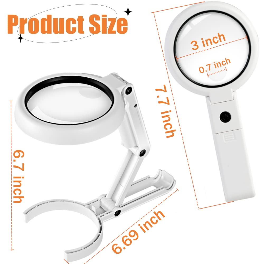 30X 10X Magnifying Glass with Light and Stand, Foldable Handheld Magnifying Glass & 2 Level Dimmable for Macular Degeneration, Seniors Reading, Close Work, Coins, Jewelry, Powered by Battery or USB