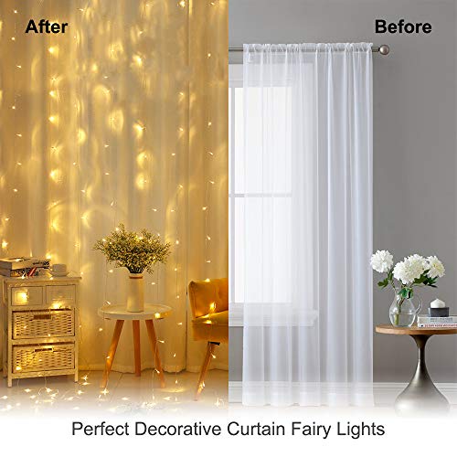 306 LED Curtain String Lights 8 Modes Christmas Fairy Lights Hanging Plug in for Bedroom Wedding Party Backdrop Wall Decorations, Warm White