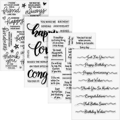 4 Sheets Words Clear Stamps for Card Making Silicone Stamp with Greeting Words Pattern for Easter Birthday Holiday Card and DIY Scrapbooking Journal(Classic)