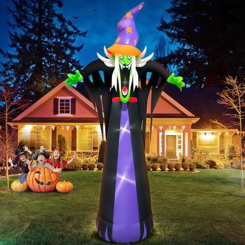 10 FT Halloween Inflatables Scary Witch Hat with Hat Decoration with Led Light Halloween Inflatables Light up Outdoor Decorations Blow up Inflatables for Halloween Holiday Party Lawn Yard Garden Décor