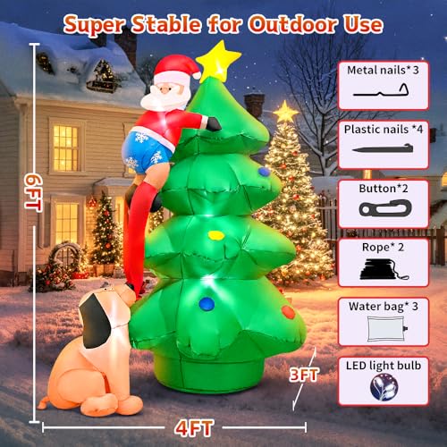 6 FT Christmas Inflatable Santa Claus with Tree Outdoor, Inflatable Christmas Tree Outdoor Decoration, Blow Up Santa Built-in LED Lights for Holiday Xmas Party Indoor Garden Lawn Yard Decorations