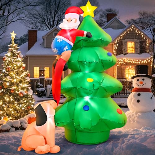 6 FT Christmas Inflatable Santa Claus with Tree Outdoor, Inflatable Christmas Tree Outdoor Decoration, Blow Up Santa Built-in LED Lights for Holiday Xmas Party Indoor Garden Lawn Yard Decorations