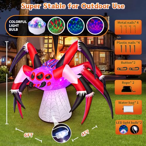 6 FT Halloween Inflatables Spider Decoration with Magic Led Light Up Halloween Inflatables Outdoor Decorations Blow up Inflatables for Halloween Holiday Party Lawn Yard Outside Garden Décor