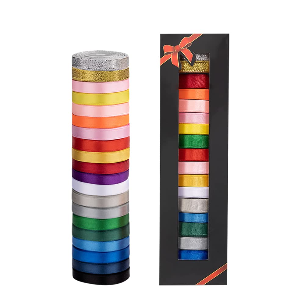 20 Colors 300 Yard Double Faced Rainbow Satin Ribbon -18 Ribbon Rolls & 2 Glitter Metallic Ribbon,3/8" X 15 Yard/Roll,Perfect for Christmas Gift Wrapping,Hair Bows & Other Craft Projects