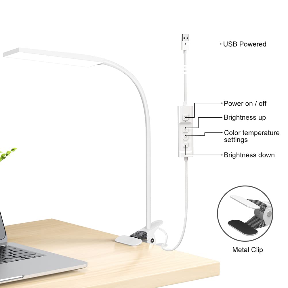 LED Desk Lamp, 5W USB Clip on Light Eye-Caring Reading Clamp Table Lamp with 48 LEDs Flexible Gooseneck, 3 Color Modes and 14 Brightness Levels for Office Bedroom Study (White)