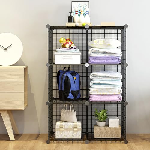 Cube Storage Organizer,6 Cube Closet Organizers and Storage,Wire Metal Grids Bookshelf,Stackable Modular Shelves,Cube Storage Organizer Bins for Home,Office,Kids Room,Black