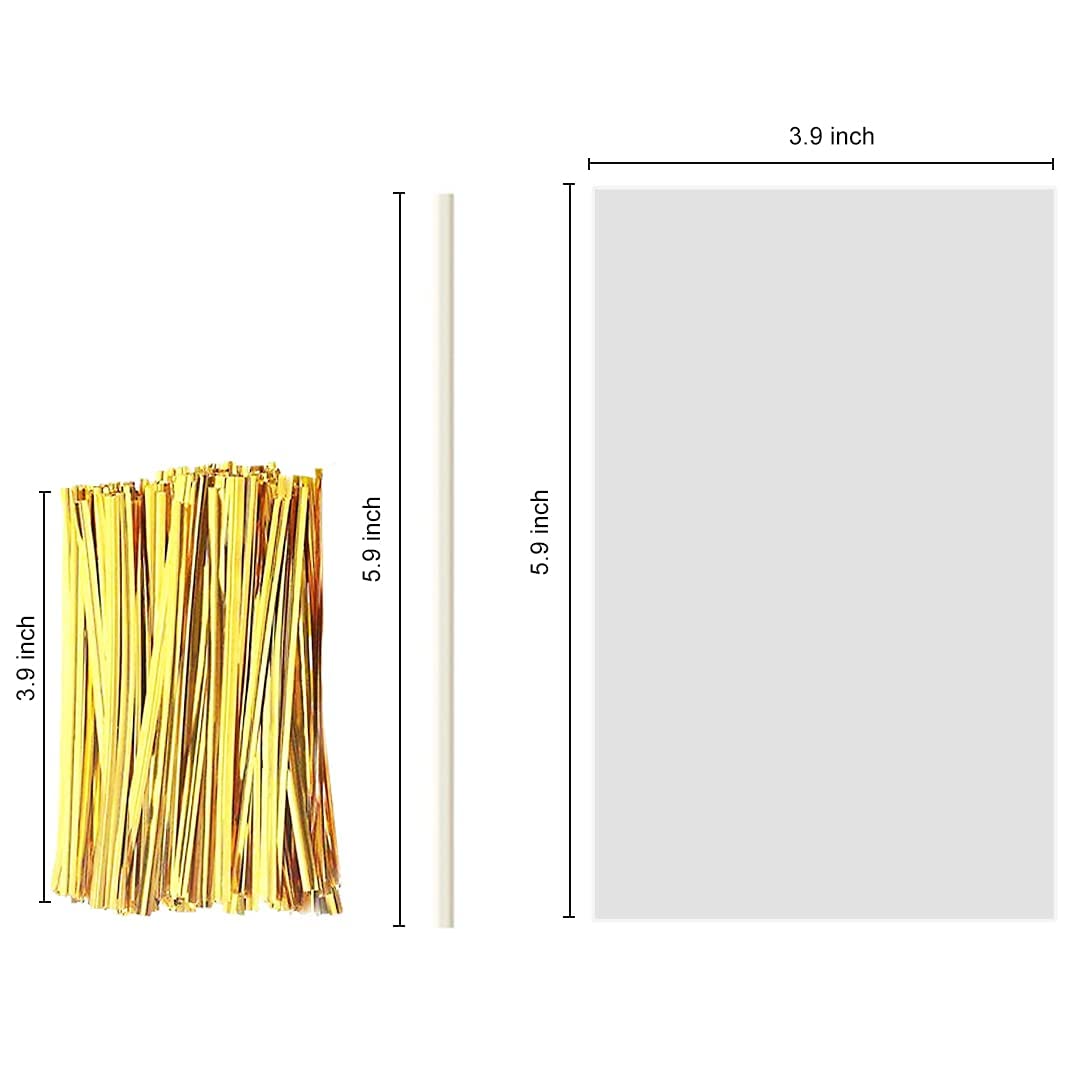 360pcs Cake Pop Sticks and Wrappers Ties Kit, Including 120ct 6-inch Paper Lollipop Stick, 120ct Cake Pop Parcel Bag, 120ct Gold Twist Tie for Candy Making Packaging Supplies