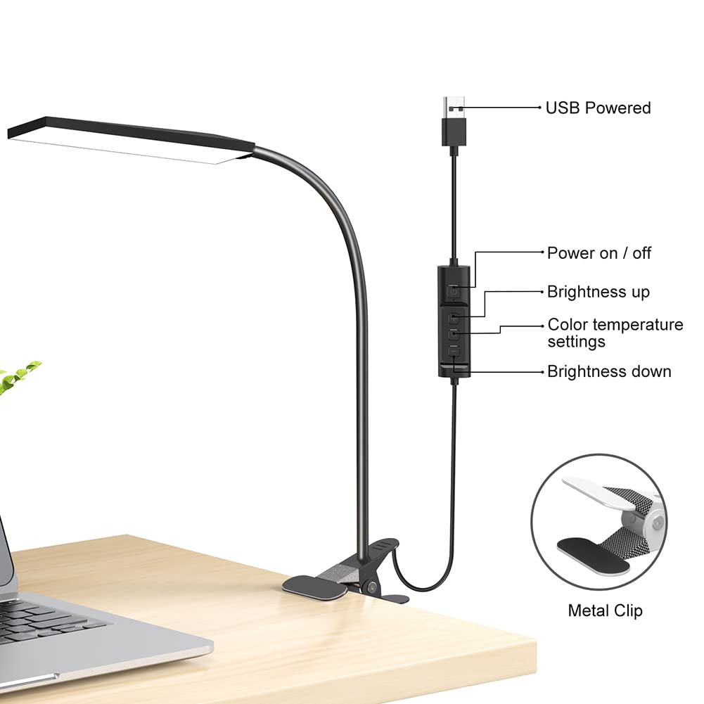 LED Desk Lamp, 5W USB Clip on Light Eye-Caring Reading Clamp Table Lamp with 48 LEDs Flexible Gooseneck, 3 Color Modes and 14 Brightness Levels for Office Bedroom Study (Black)