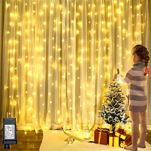 306 LED Curtain String Lights 8 Modes Christmas Fairy Lights Hanging Plug in for Bedroom Wedding Party Backdrop Wall Decorations, Warm White