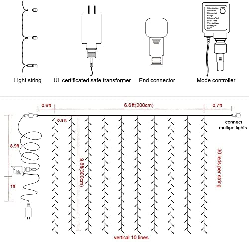 300 LED Window Curtain String Light for Christmas Wedding Party Home Garden Bedroom Outdoor Indoor Wall Decorations (Warm White)