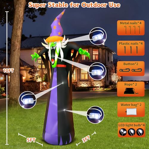 10 FT Halloween Inflatables Scary Witch Hat with Hat Decoration with Led Light Halloween Inflatables Light up Outdoor Decorations Blow up Inflatables for Halloween Holiday Party Lawn Yard Garden Décor