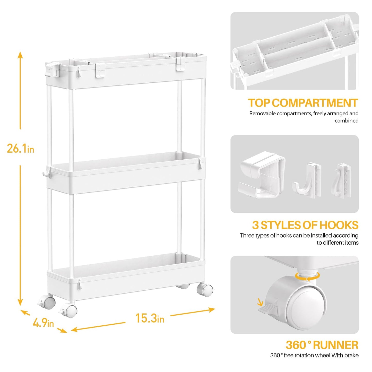 Slim Storage Cart 3 Tier,Bathroom Organizer Rolling Utility, Mobile Shelving Unit Slide Out for Office, Kitchen, Laundry Room & Narrow Places,White