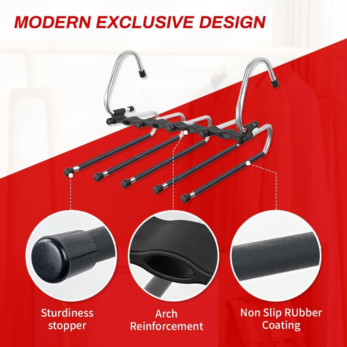 Pants Hangers Space Saving 2-Pack - 5-Tier, Non-slip, Stainless Steel Pants Organizer for Closet, Hangs Horizontally or Vertically, Multifunctional Storage for Jeans, Skirts, Scarves, Leggings, Shorts