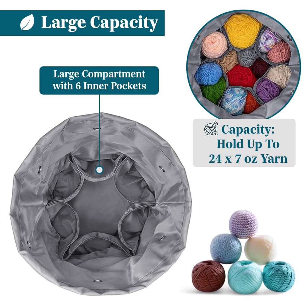 Crochet Bag Knitting Bag Organizer, Yarn Bag Storage Tote for Crocheting On The Go, Knitting Accessories Supplies Holder with Grommets, Gift for Crochet Lovers Knitters (Charcoal Gray)