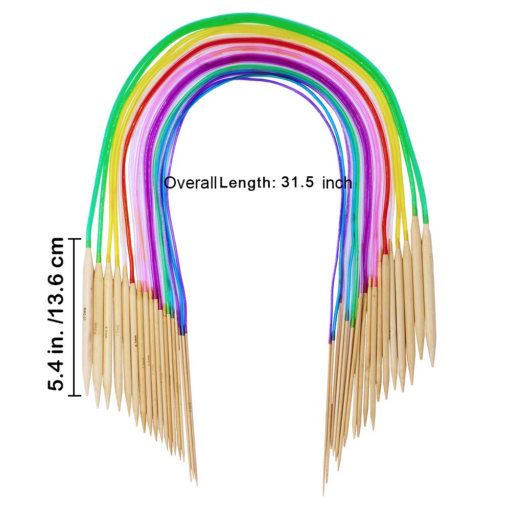 Bamboo Knitting Needles Set, Exquiss 18 Pairs Circular(31.5”) Wooden Knitting Needles with Colored Plastic Tube, 36PCS Single Pointed Bamboo Knitting Needles(9.5”), Include Knitting Tools for Weaving