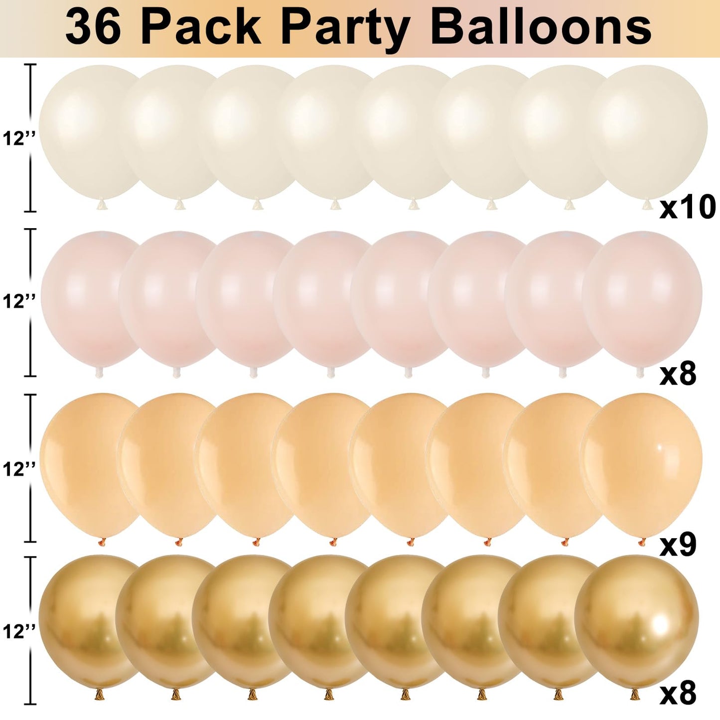 White Sand Gold Balloons Set, 12 Inch Double Stuffed Blush Beige Boho Party Balloons with Metallic Chrome Gold Neutral Cream Nude Latex Balloon for Birthday Baby Bridal Shower Wedding Party Decoration