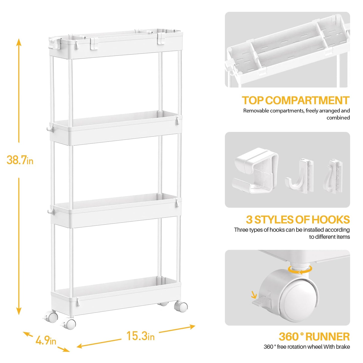 Slim Storage Cart 4 Tier,Bathroom Organizer Rolling Utility, Mobile Shelving Unit Slide Out for Office, Kitchen, Laundry Room & Narrow Places,White