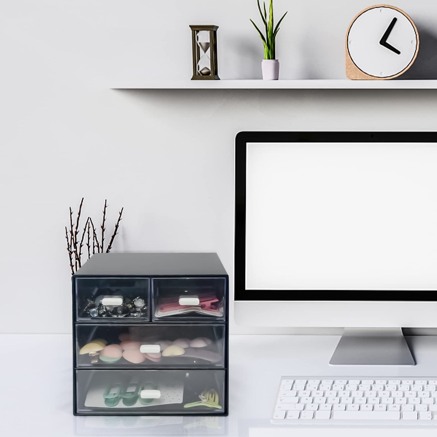 Desk Organizer with Drawer, Desk Storage Box, Plastic Office Stationery Supplies Organizers, Desktop Organizer for Office School Home (4 drawer, Black)