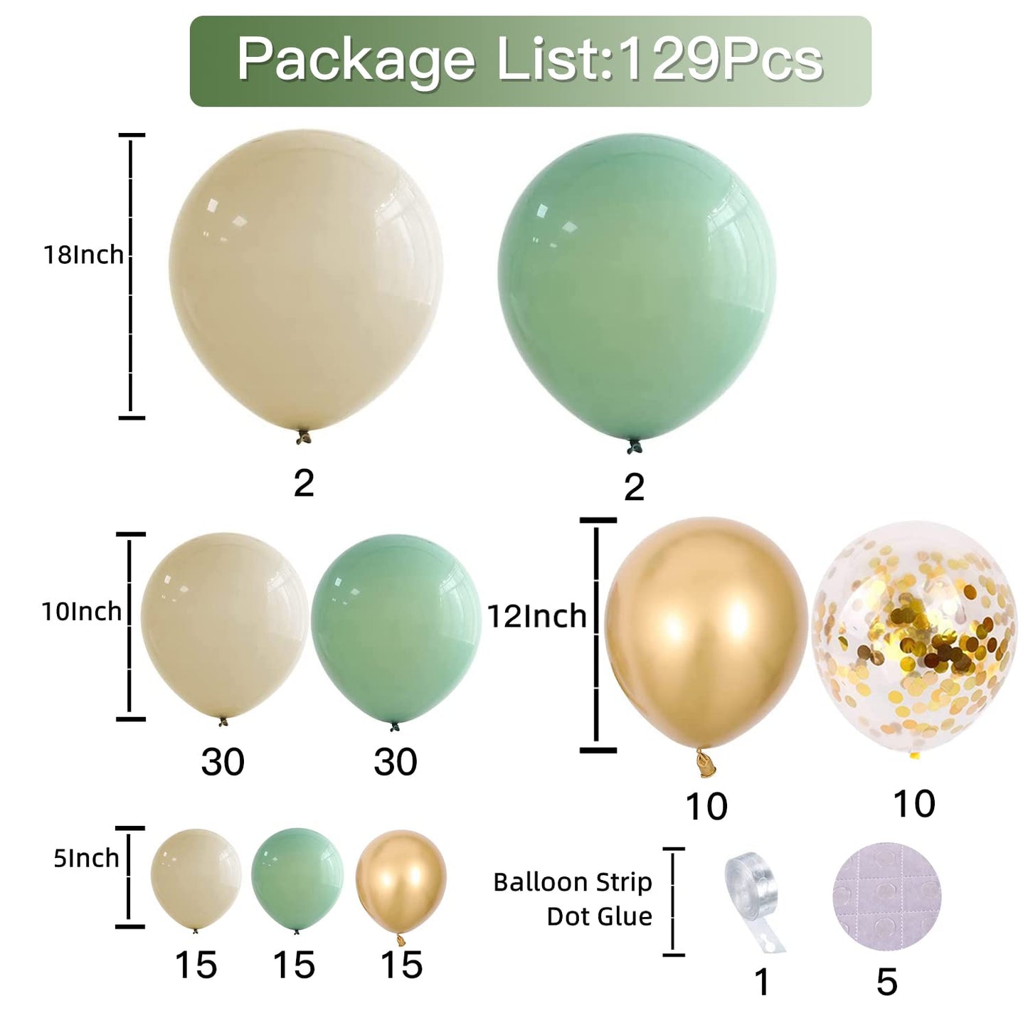 Sage Green Balloons Arch Kit, Green And Gold Balloons White Sand Olive Confetti Balloons Arch for Birthday Baby Shower Bridal Shower Engagement Baptism Wild One Party Decorations