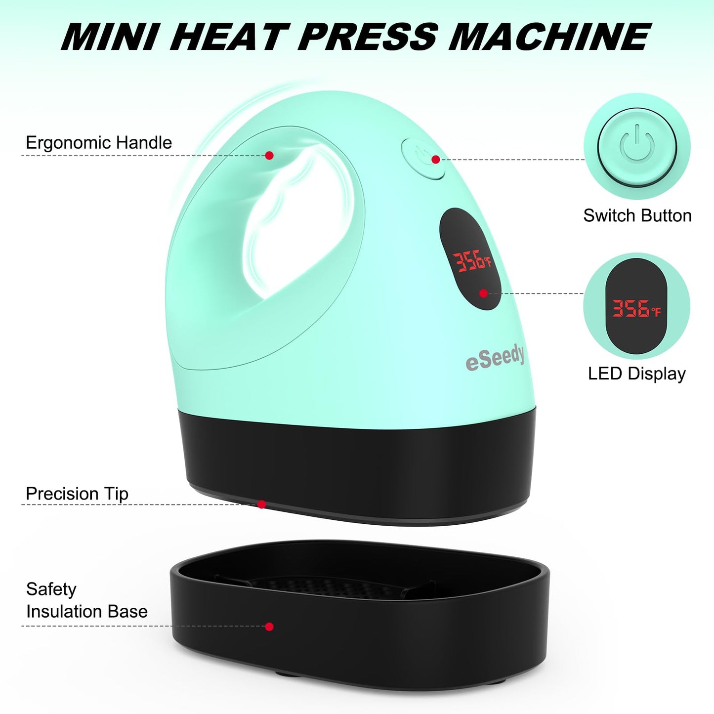 Mini Heat Press Machine, 3 Heat Settings& Fast Heating, 15 Mins Auto-Off, Insulated Safety Base, Mini Iron for Crafting, T Shirts, Hats, Heating Transfer Projects (Green)