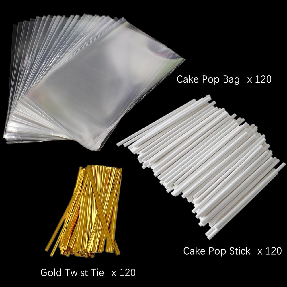360pcs Cake Pop Sticks and Wrappers Ties Kit, Including 120ct 6-inch Paper Lollipop Stick, 120ct Cake Pop Parcel Bag, 120ct Gold Twist Tie for Candy Making Packaging Supplies