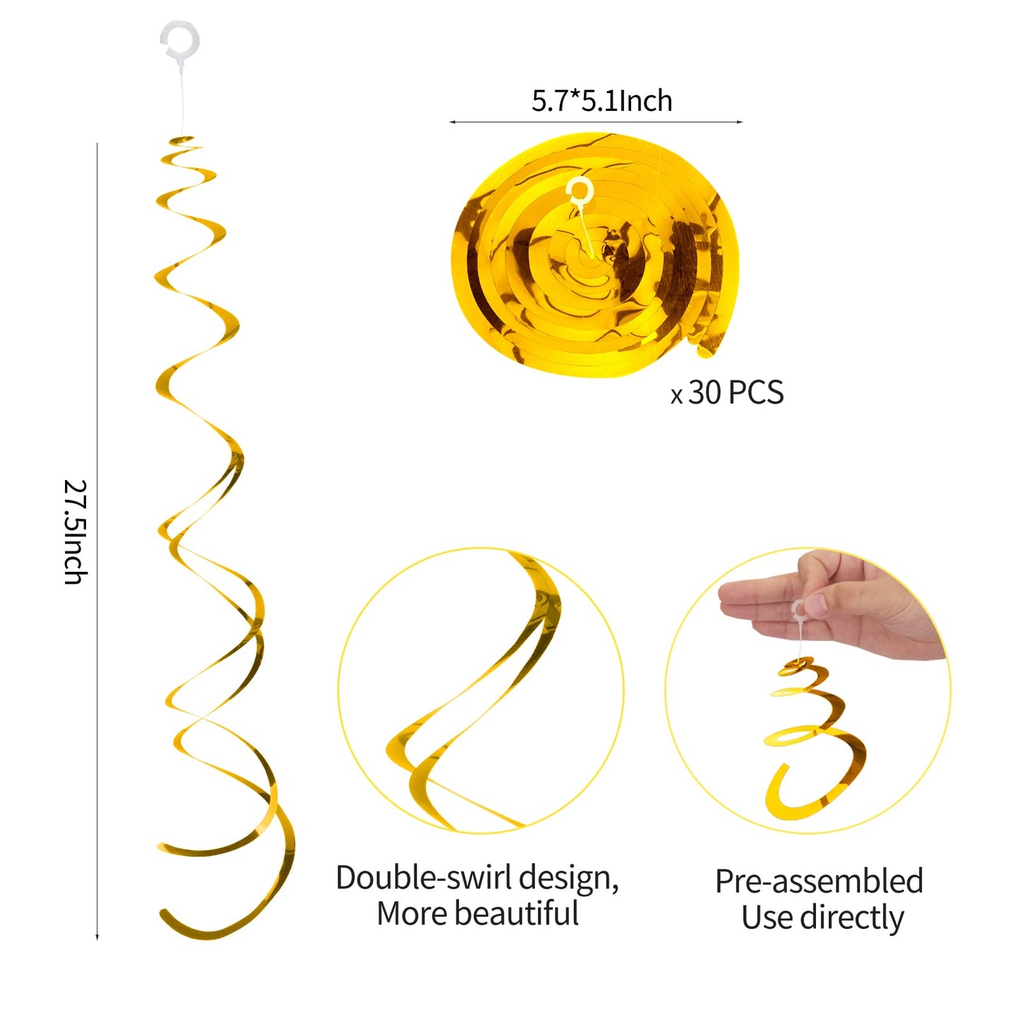 30 Pieces Gold Hanging Swirl Decorations Plastic Streamer Party Swirl Spiral Decorations for Ceiling, Wedding Baby Shower Birthday Party Supply