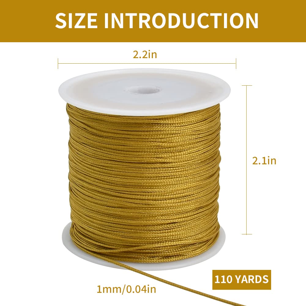 1mm x 100 Yards Gold Nylon Cord Satin String for Bracelet Jewelry Making Rattail Macrame Trim Cord Necklace Bulk Beading Thread Kumihimo Chinese Knot Craft
