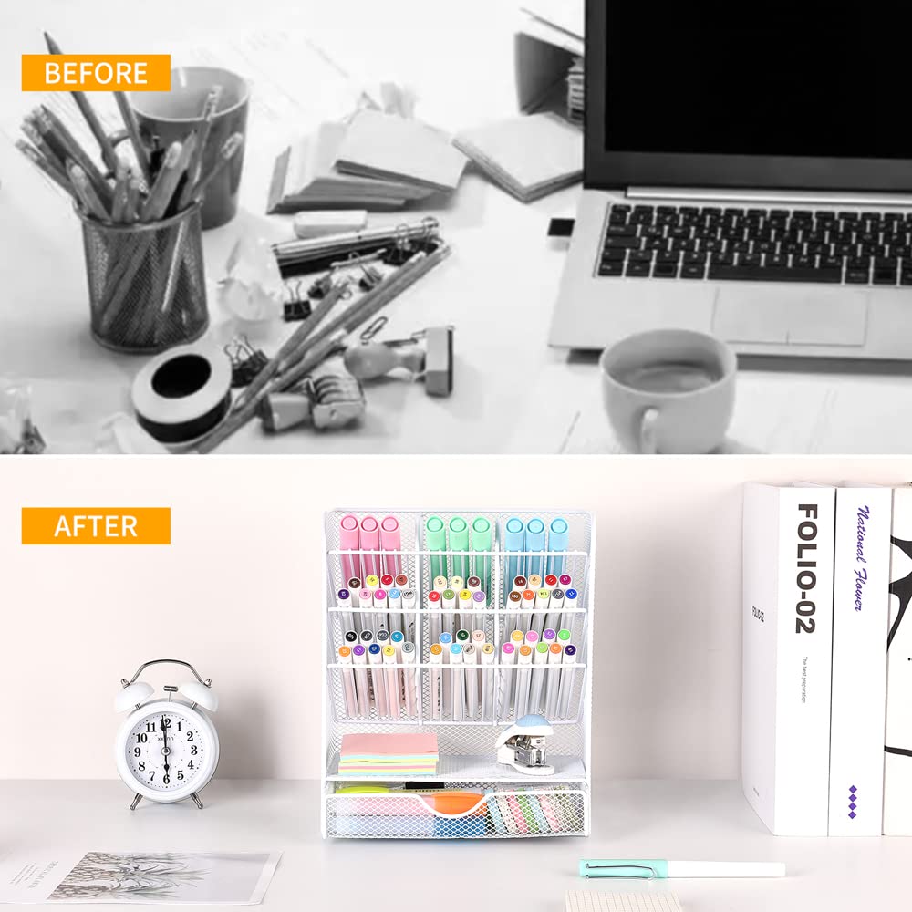 Pen Holder Desk Organizer - Desk Organizers and Accessories, Pencil Holder with 10 Compartments and 1 Drawer(White)