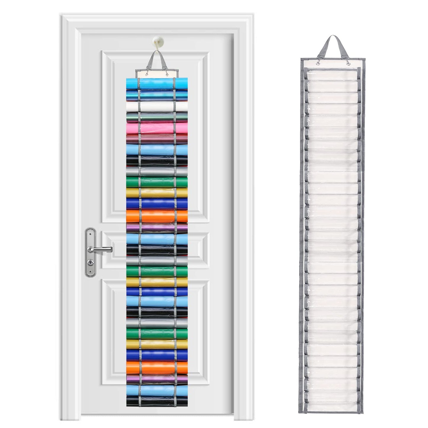 Vinyl Roll Holder with 60 Compartments and Keeper Door Hooks Strap, Clear Organizers Wall Mount for Home Craft Closet (Grey)