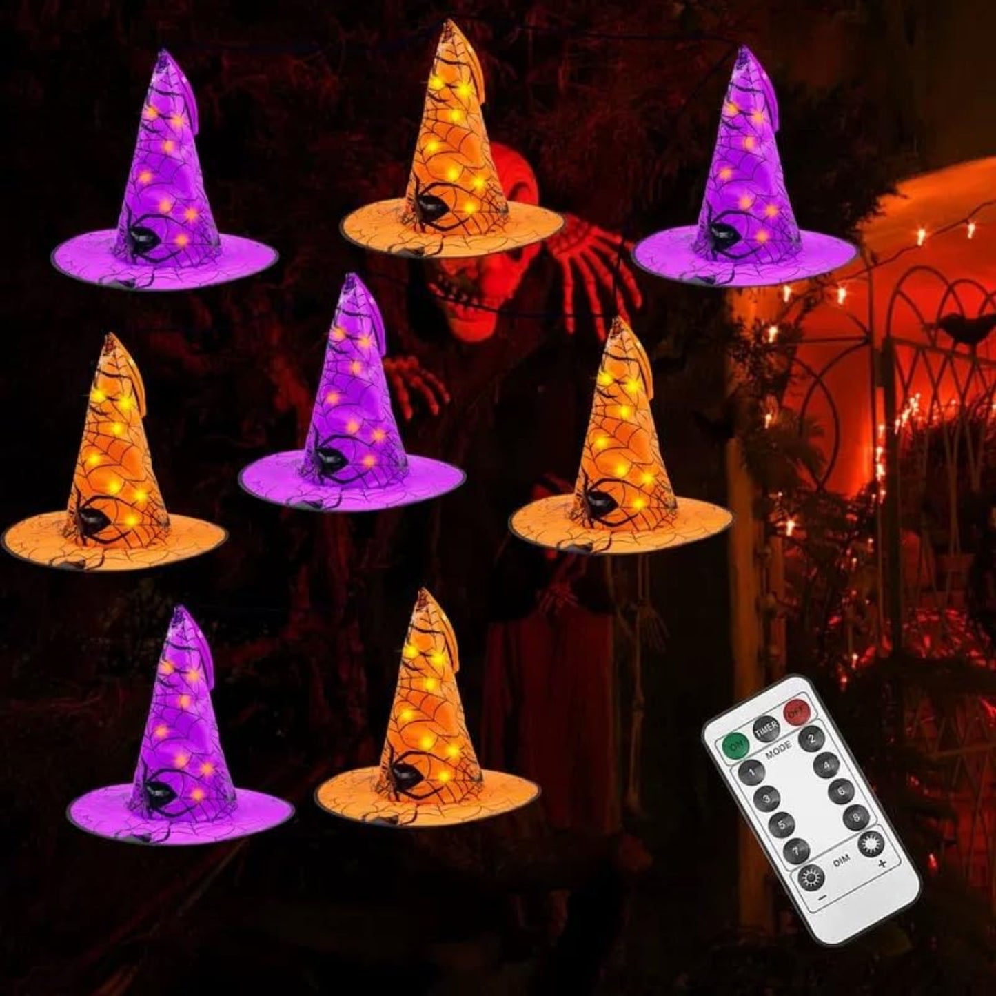 Halloween Decorations 8 Pcs Lighted Hanging Witch Hats, 14ft 56 LEDs Halloween Indoor Outdoor Remote Control String Lights, Battery Powered with 8 Lighting Modes for Garden, Yard, Tree