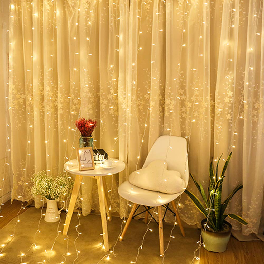 6.6x9.8ft 300 LED Curtain Lights, Fairy String Lights with Remote Control, Timer, for Wedding Party Bedroom Home Garden Bedroom Indoor Outdoor Decoration, Warm White
