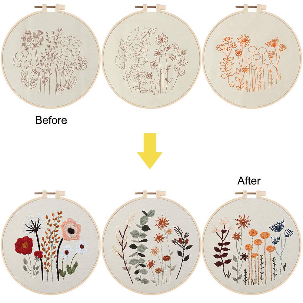 3 Pack Embroidery Starter Kit for Beginners Stamped Cross Stitch Kits with Cute Flowers and Plants Patterns with 1 Embroidery Hoop and Color Threads for Adults Kids