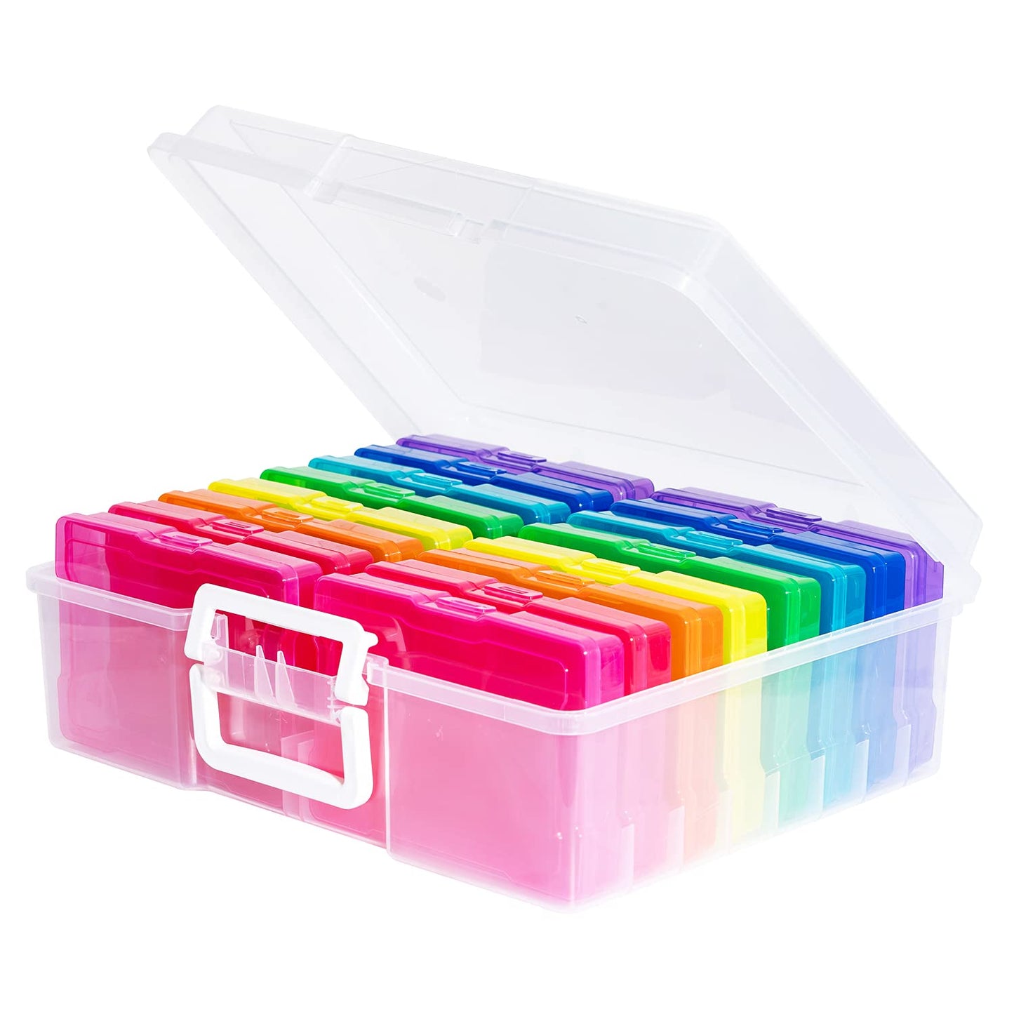Transparent 4" x 6" Photo Cases and Clear Craft Keeper with Handle - 16 Inner Cases Plastic Storage Container Box (Multi-colored)