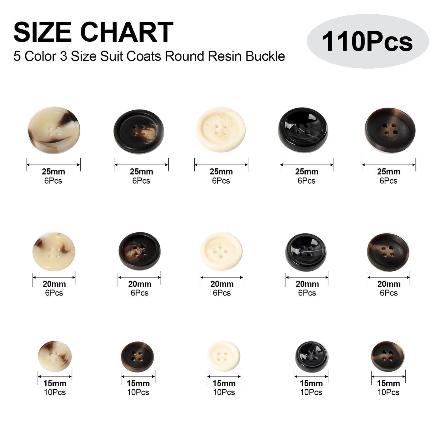 110Pcs Mixed Sewing Buttons, 4-Hole Craft Round Blazer Buttons, 5 Color 3 Size (15mm, 20mm, 25mm) Suit Coats Resin Button, Suitable for Variety Clothing Sewing, DIY Craft (Black & White)
