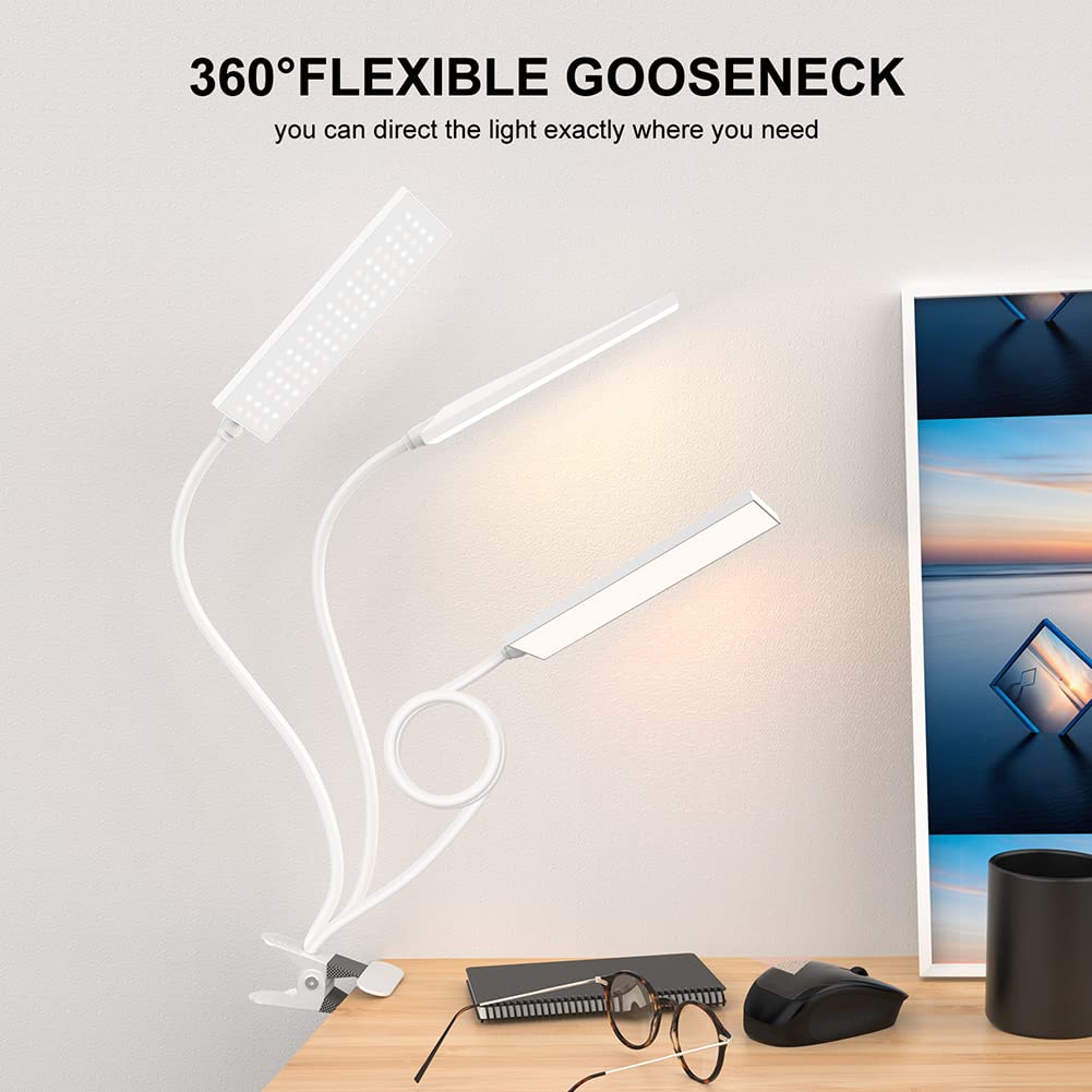 LED Desk Lamp, 5W USB Clip on Light Eye-Caring Reading Clamp Table Lamp with 48 LEDs Flexible Gooseneck, 3 Color Modes and 14 Brightness Levels for Office Bedroom Study (White)