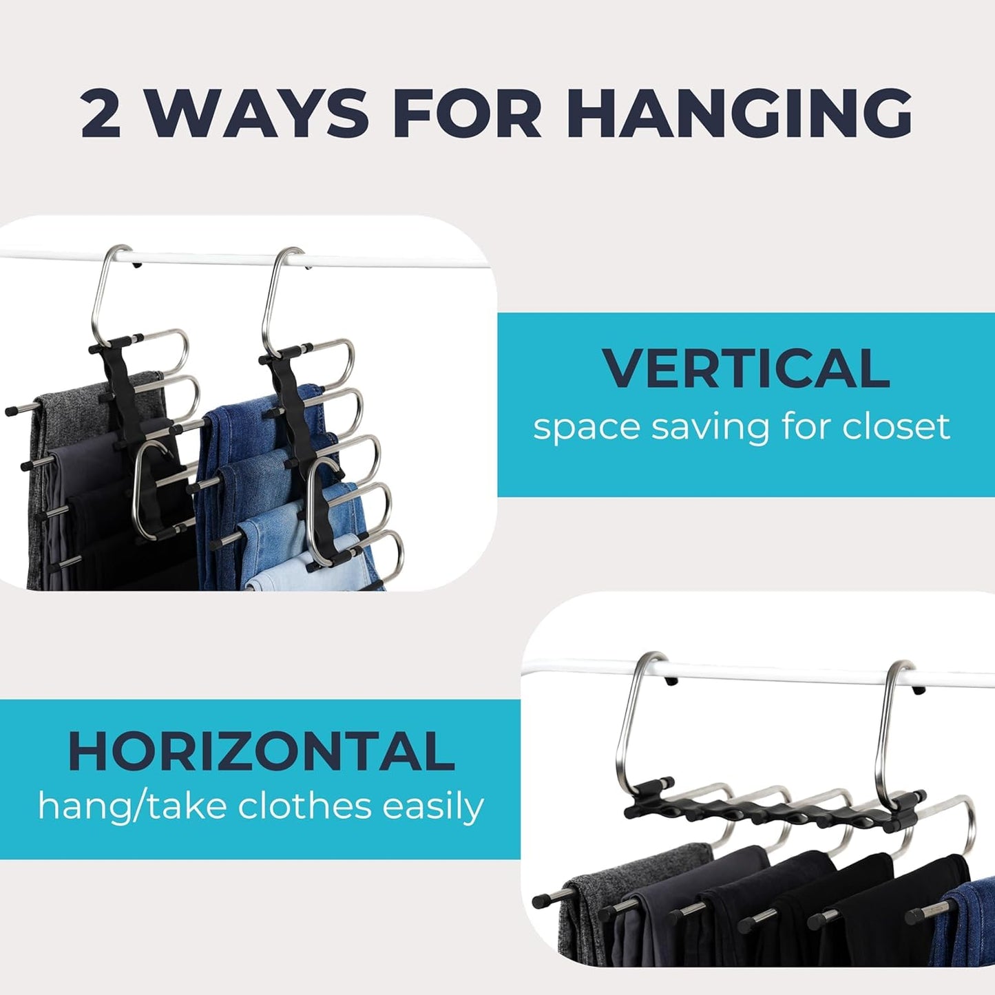 Pants Hangers Space Saving 2-Pack - 5-Tier, Non-slip, Stainless Steel Pants Organizer for Closet, Hangs Horizontally or Vertically, Multifunctional Storage for Jeans, Skirts, Scarves, Leggings, Shorts