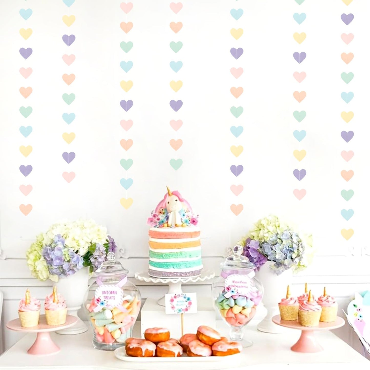 Pastel Rainbow Birthday Party-Decorations Streamers - 52FT Yellow Blue Mint Pink Purple Hanging Heart Garland Banner,Baby Bridal Shower Bachelorette Engagement Backdrop Decor Hugtmr