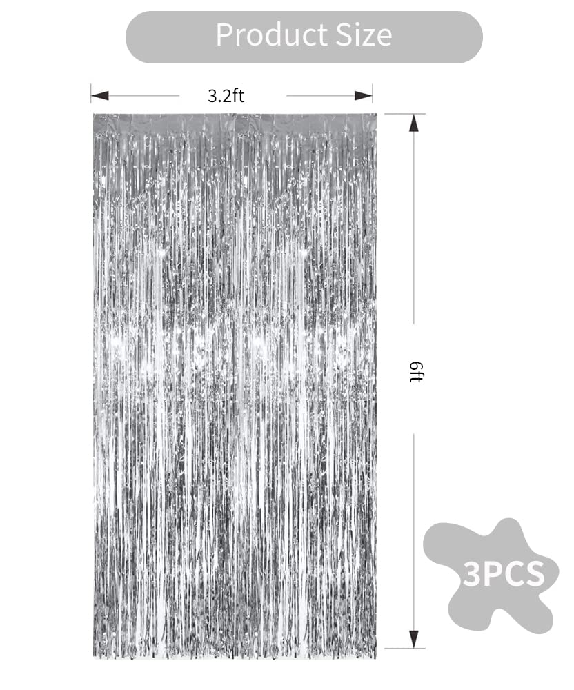 3Pcs Silver Metallic Tinsel Foil Fringe Curtains,3.28ft x 6.56ft Silver Photo Booth Backdrop Streamer Curtain,Great for Bachelorette,Birthday,Christmas,New Year Party Decorations