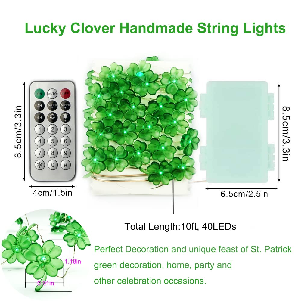 St Patricks Day Decorations Shamrocks String Lights Battery Operated with Remote 10 ft 40 LEDs Lucky Clover Green Lights for Bedroom Party Feast of Saint St. Patrick's Day Decoration