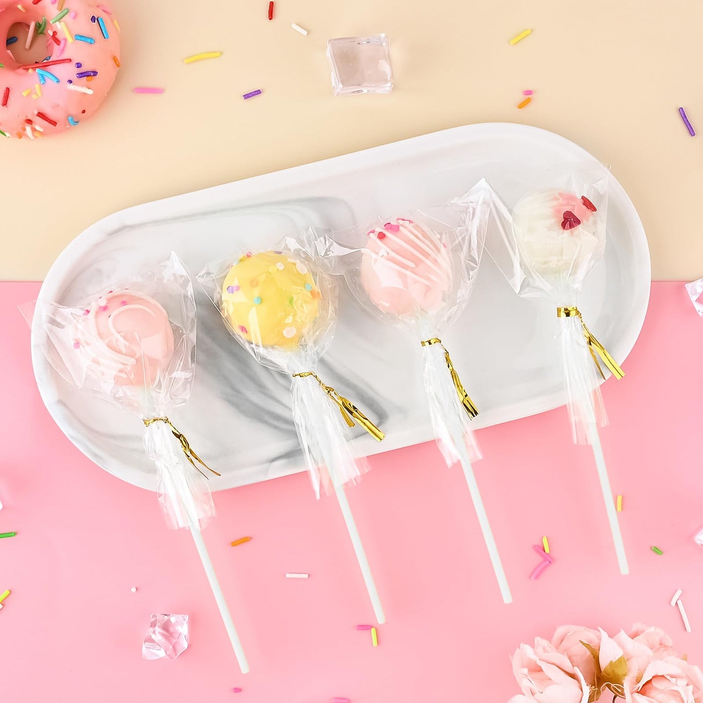 360pcs Cake Pop Sticks and Wrappers Ties Kit, Including 120ct 6-inch Paper Lollipop Stick, 120ct Cake Pop Parcel Bag, 120ct Gold Twist Tie for Candy Making Packaging Supplies