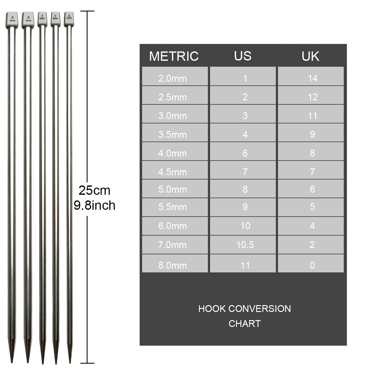 11 Pairs Knitting Needle Set, 10'' Length Stainless Steel Single Pointed Sweater Staight Needle Kit in Different Sizes, Great for Weaving or Knitting